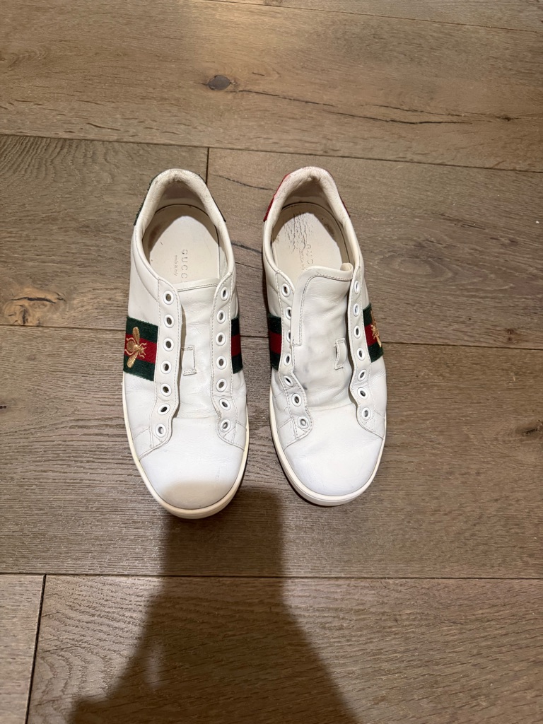 Gucci White Leather Slip-On Sneakers With Green And Red Web And Gold Bee